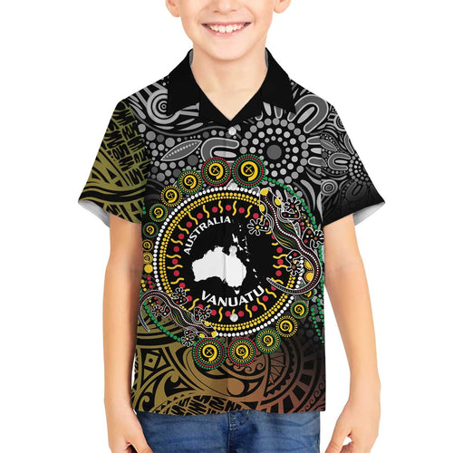Personalised Australia And Vanuatu Family Matching Off The Shoulder Long Sleeve Dress and Hawaiian Shirt Aboriginal Lizard Polynesia Ni-Van Pig Tusk