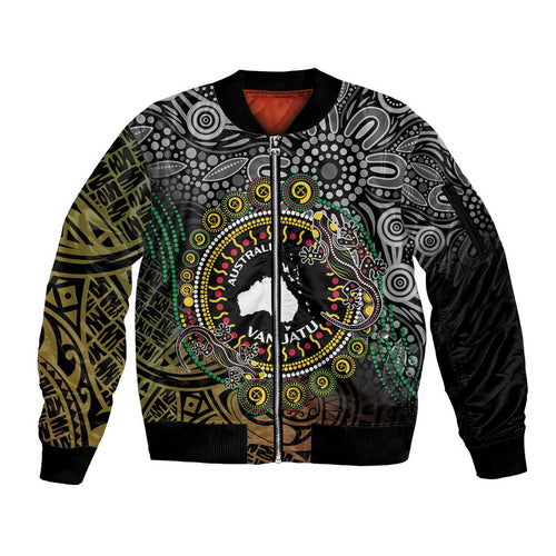 Personalised Australia And Vanuatu Sleeve Zip Bomber Jacket Aboriginal Lizard Polynesia Ni-Van Pig Tusk