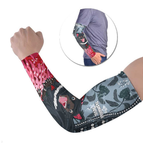 Personalised Tasmanian Devil Australia Arm Sleeves Waratah Indigenous Art - Aussie Hoodie