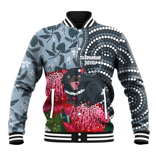 Personalised Tasmanian Devil Australia Baseball Jacket Waratah Indigenous Art - Aussie Hoodie