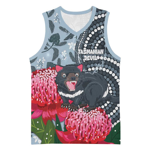 Personalised Tasmanian Devil Australia Basketball Jersey Waratah Indigenous Art - Aussie Hoodie