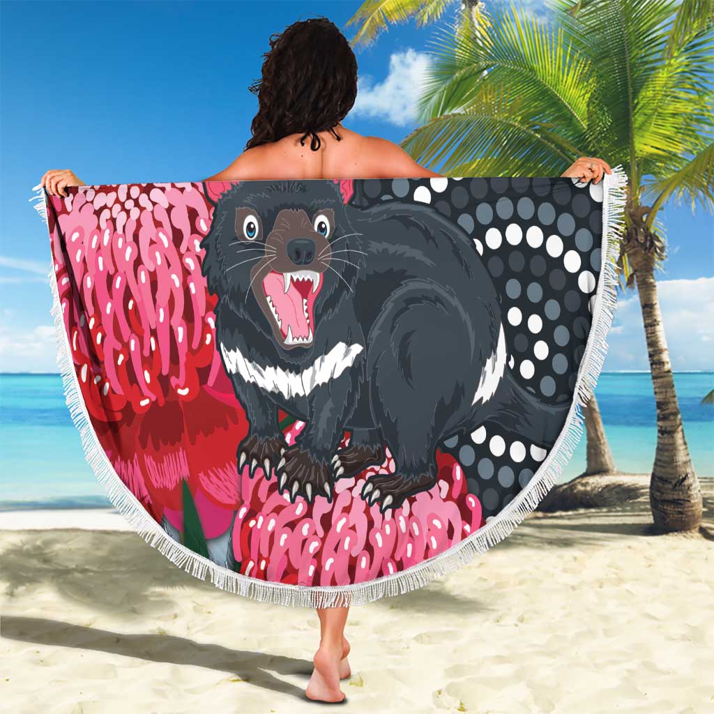 Personalised Tasmanian Devil Australia Beach Blanket Waratah Indigenous Art - Aussie Hoodie