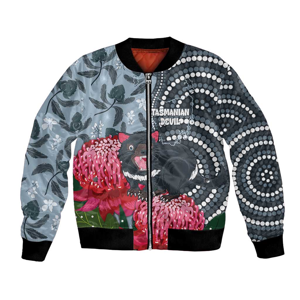 Personalised Tasmanian Devil Australia Bomber Jacket Waratah Indigenous Art - Aussie Hoodie