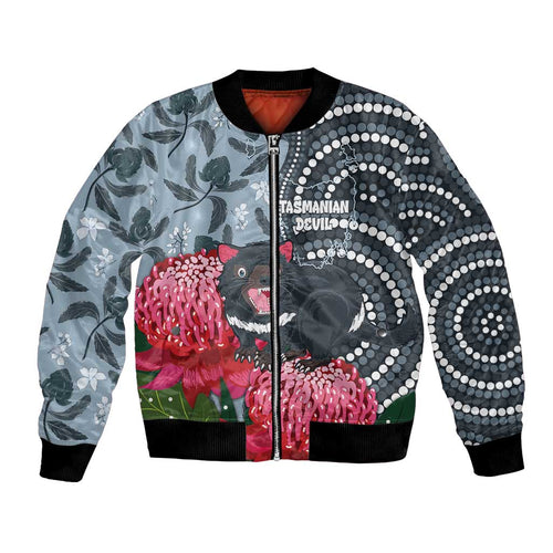 Personalised Tasmanian Devil Australia Bomber Jacket Waratah Indigenous Art - Aussie Hoodie