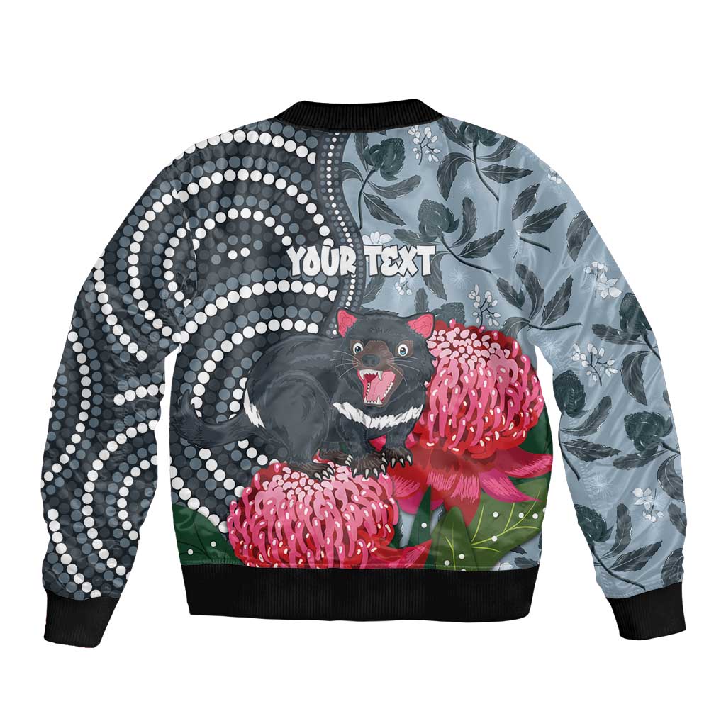 Personalised Tasmanian Devil Australia Bomber Jacket Waratah Indigenous Art - Aussie Hoodie