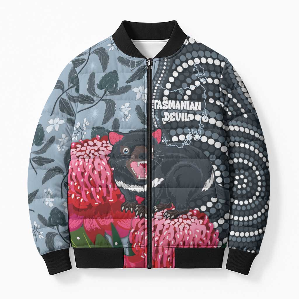Personalised Tasmanian Devil Australia Bomber Puffer Jacket Waratah Indigenous Art - Aussie Hoodie