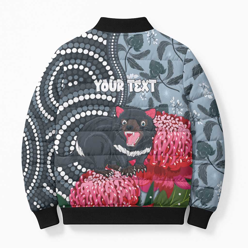 Personalised Tasmanian Devil Australia Bomber Puffer Jacket Waratah Indigenous Art - Aussie Hoodie