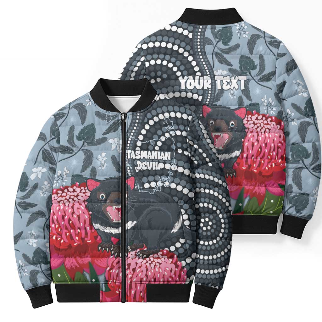Personalised Tasmanian Devil Australia Bomber Puffer Jacket Waratah Indigenous Art - Aussie Hoodie