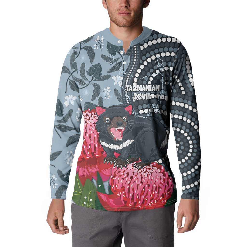 Personalised Tasmanian Devil Australia Button Sweatshirt Waratah Indigenous Art - Aussie Hoodie