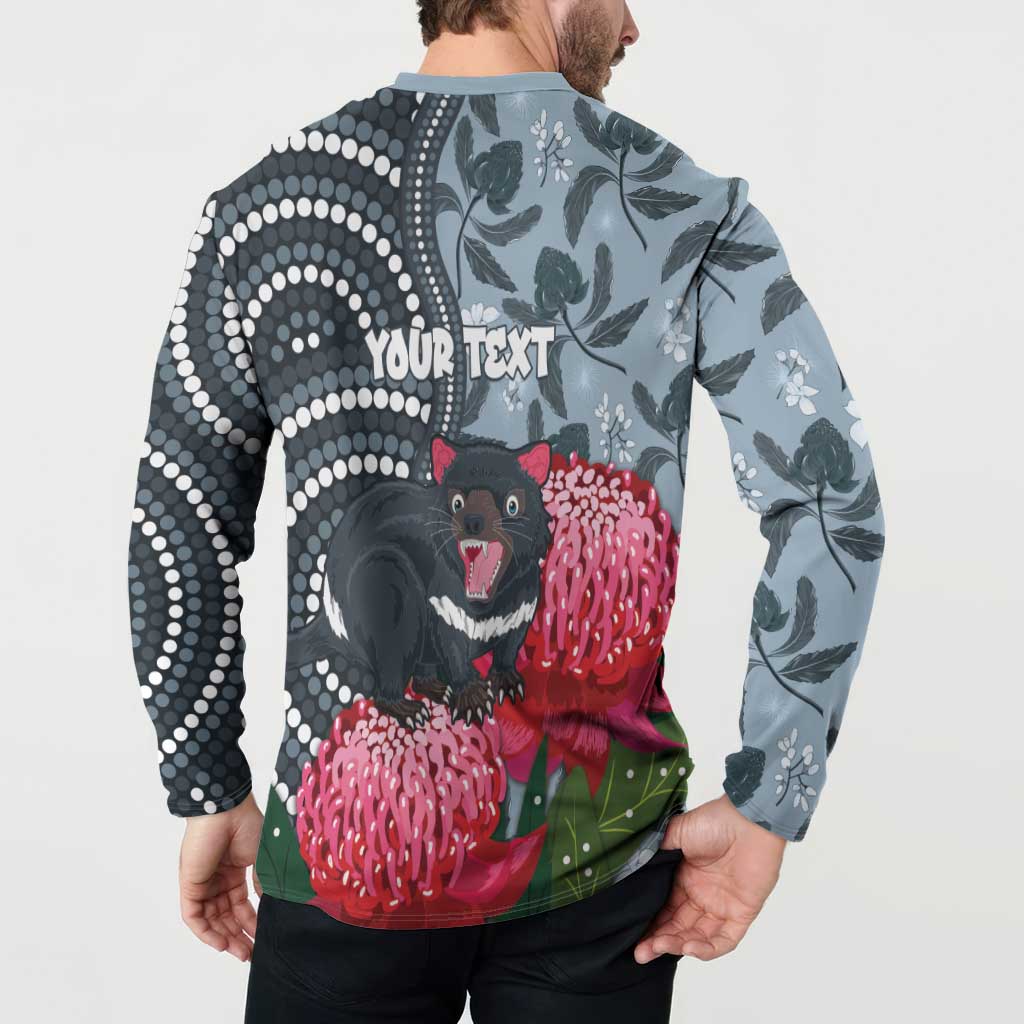Personalised Tasmanian Devil Australia Button Sweatshirt Waratah Indigenous Art - Aussie Hoodie