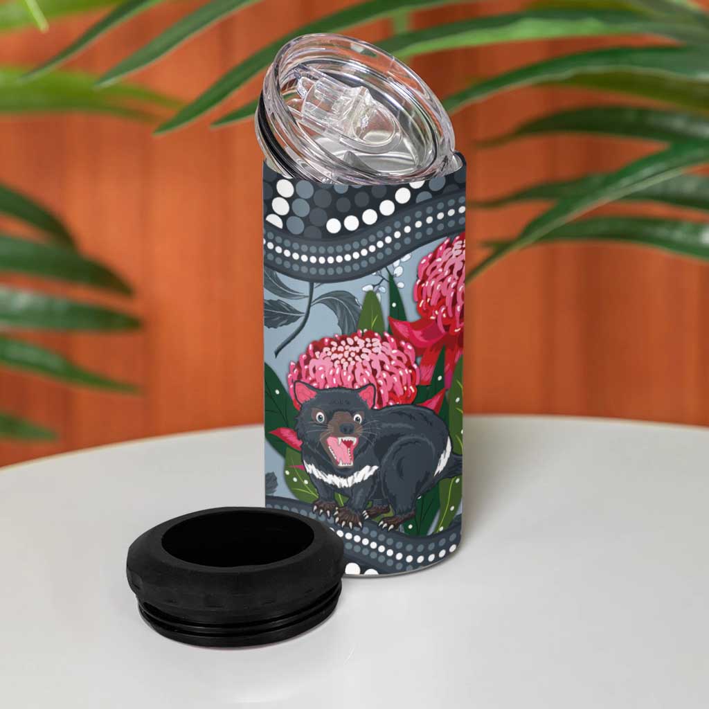 Personalised Tasmanian Devil Australia 4 in 1 Can Cooler Tumbler Waratah Indigenous Art - Aussie Hoodie