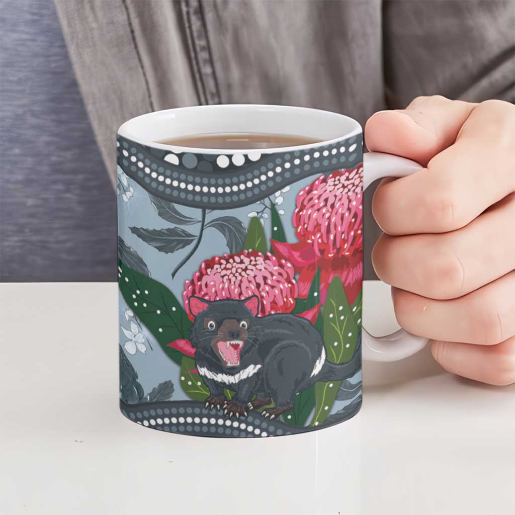 Personalised Tasmanian Devil Australia Ceramic Mug Waratah Indigenous Art - Aussie Hoodie