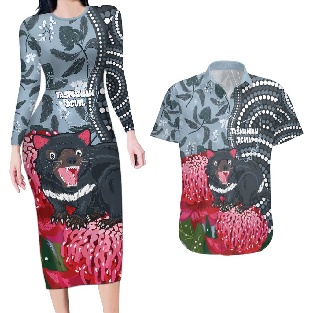 Personalised Tasmanian Devil Australia Couples Matching Long Sleeve Bodycon Dress and Hawaiian Shirt Waratah Indigenous Art - Aussie Hoodie