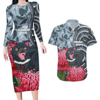 Personalised Tasmanian Devil Australia Couples Matching Long Sleeve Bodycon Dress and Hawaiian Shirt Waratah Indigenous Art - Aussie Hoodie
