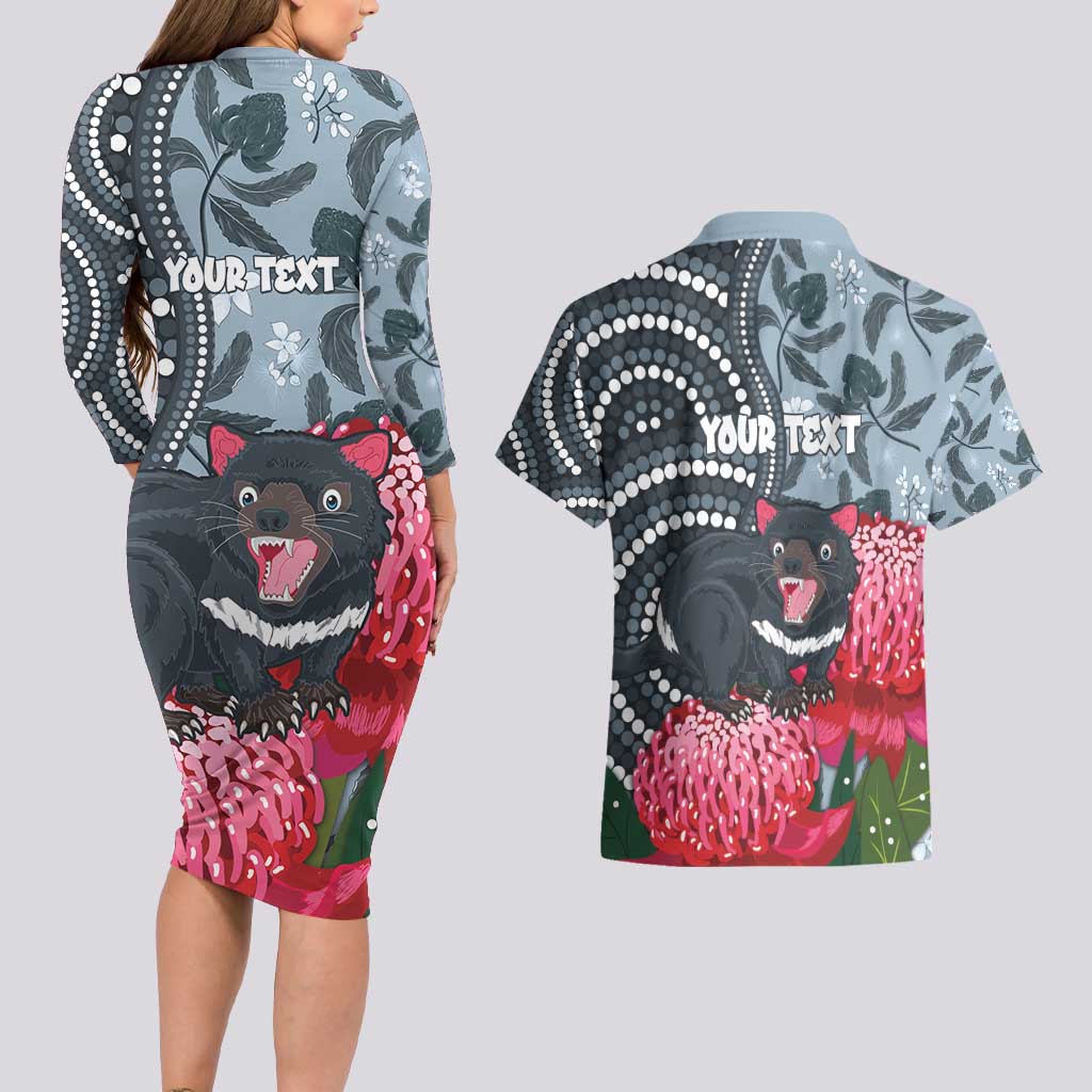 Personalised Tasmanian Devil Australia Couples Matching Long Sleeve Bodycon Dress and Hawaiian Shirt Waratah Indigenous Art - Aussie Hoodie