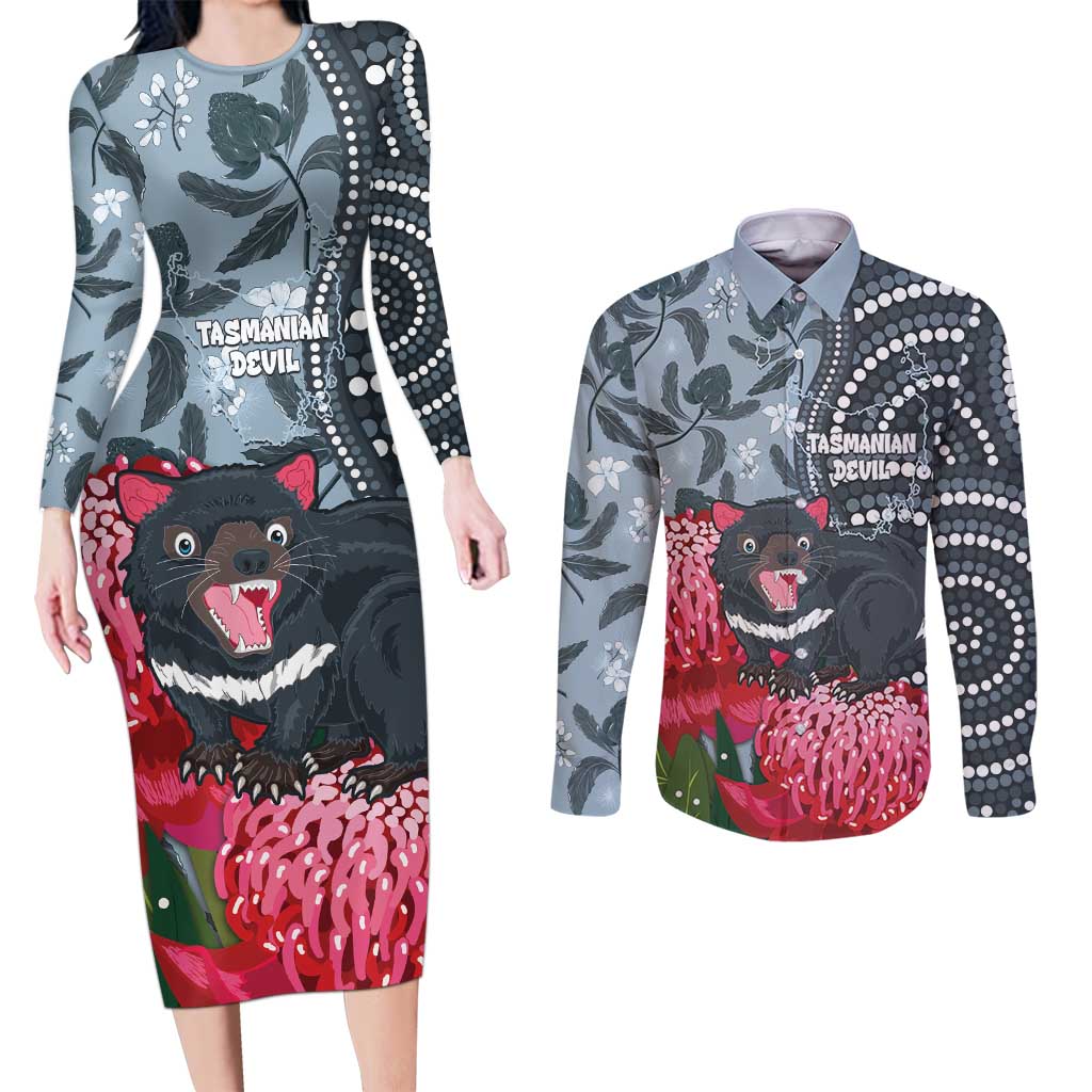 Personalised Tasmanian Devil Australia Couples Matching Long Sleeve Bodycon Dress and Long Sleeve Button Shirt Waratah Indigenous Art - Aussie Hoodie