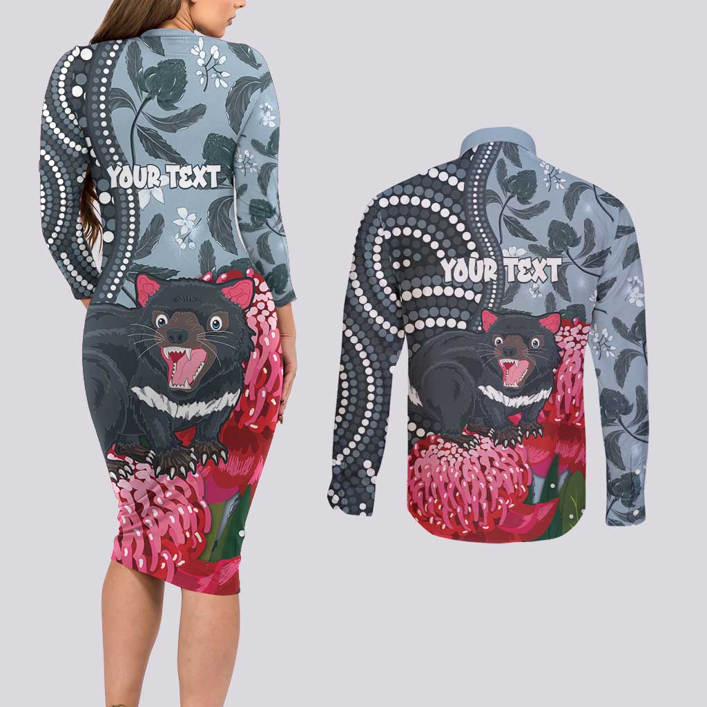 Personalised Tasmanian Devil Australia Couples Matching Long Sleeve Bodycon Dress and Long Sleeve Button Shirt Waratah Indigenous Art - Aussie Hoodie