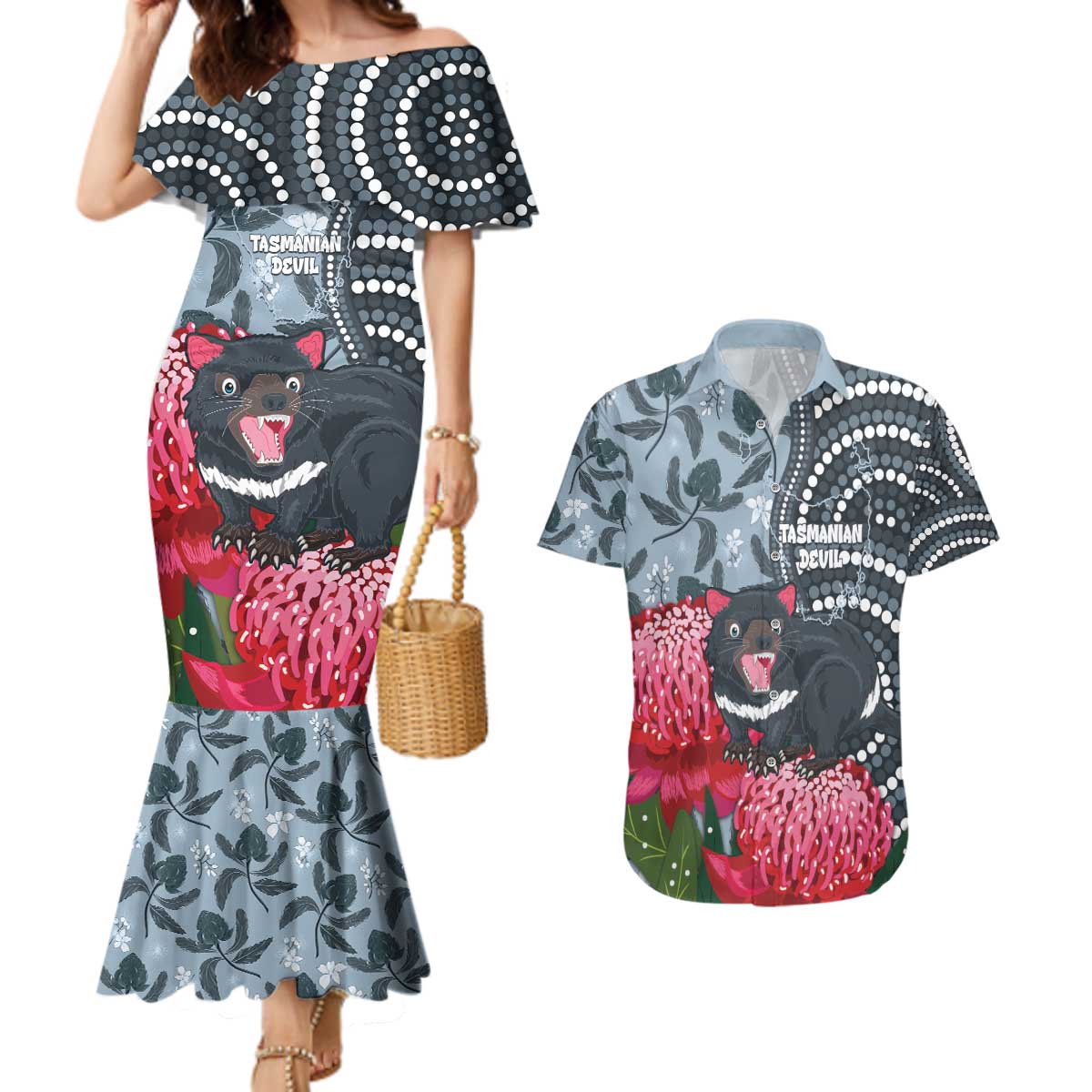 Personalised Tasmanian Devil Australia Couples Matching Mermaid Dress and Hawaiian Shirt Waratah Indigenous Art - Aussie Hoodie