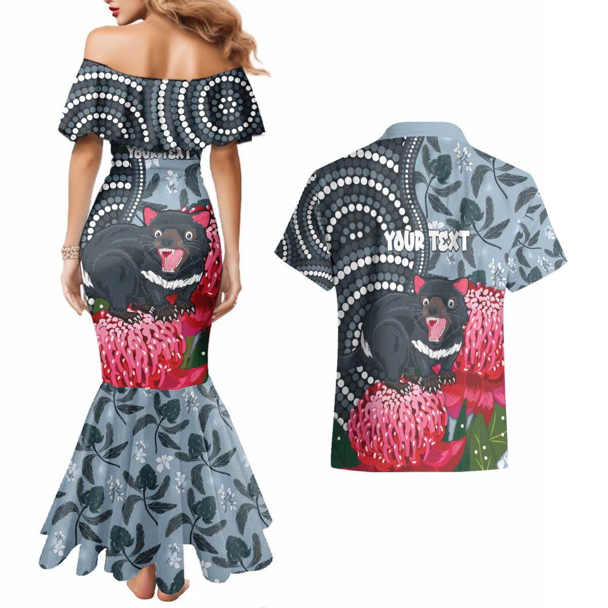 Personalised Tasmanian Devil Australia Couples Matching Mermaid Dress and Hawaiian Shirt Waratah Indigenous Art - Aussie Hoodie