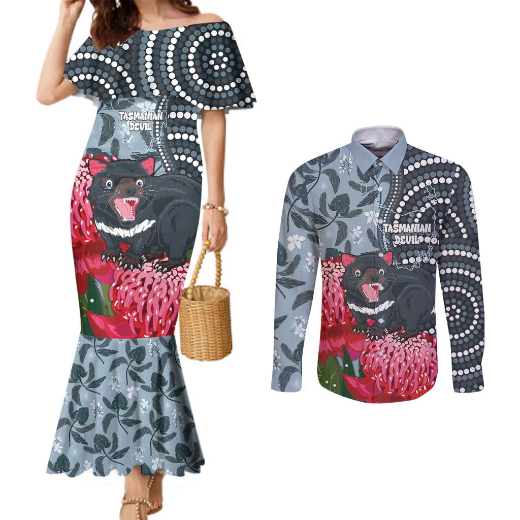 Personalised Tasmanian Devil Australia Couples Matching Mermaid Dress and Long Sleeve Button Shirt Waratah Indigenous Art - Aussie Hoodie