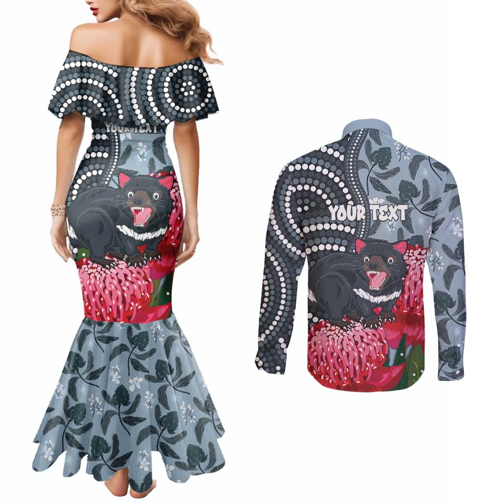 Personalised Tasmanian Devil Australia Couples Matching Mermaid Dress and Long Sleeve Button Shirt Waratah Indigenous Art - Aussie Hoodie