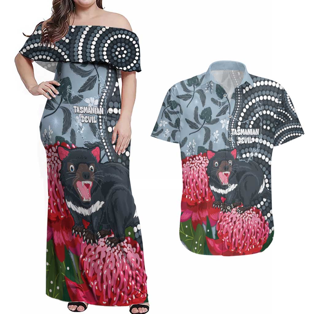 Personalised Tasmanian Devil Australia Couples Matching Off Shoulder Maxi Dress and Hawaiian Shirt Waratah Indigenous Art - Aussie Hoodie