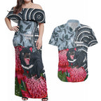 Personalised Tasmanian Devil Australia Couples Matching Off Shoulder Maxi Dress and Hawaiian Shirt Waratah Indigenous Art - Aussie Hoodie