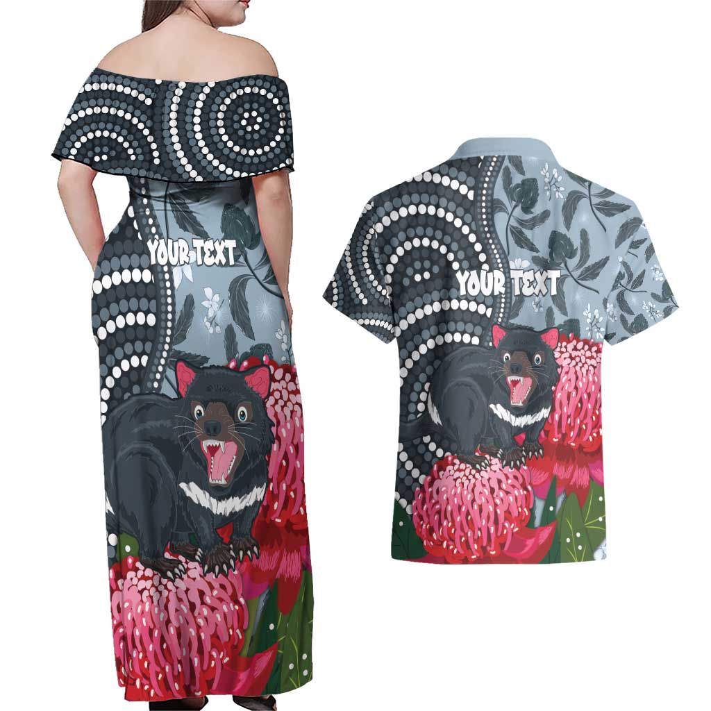 Personalised Tasmanian Devil Australia Couples Matching Off Shoulder Maxi Dress and Hawaiian Shirt Waratah Indigenous Art - Aussie Hoodie