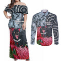 Personalised Tasmanian Devil Australia Couples Matching Off Shoulder Maxi Dress and Long Sleeve Button Shirt Waratah Indigenous Art - Aussie Hoodie