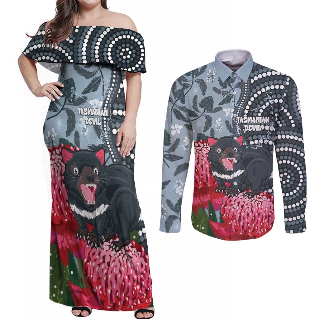 Personalised Tasmanian Devil Australia Couples Matching Off Shoulder Maxi Dress and Long Sleeve Button Shirt Waratah Indigenous Art - Aussie Hoodie