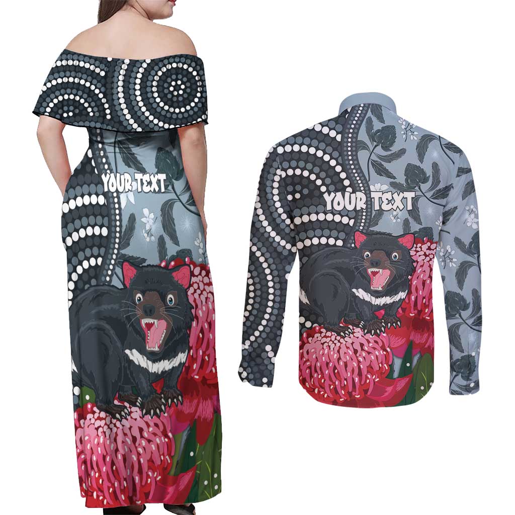 Personalised Tasmanian Devil Australia Couples Matching Off Shoulder Maxi Dress and Long Sleeve Button Shirt Waratah Indigenous Art - Aussie Hoodie