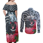 Personalised Tasmanian Devil Australia Couples Matching Off Shoulder Maxi Dress and Long Sleeve Button Shirt Waratah Indigenous Art - Aussie Hoodie