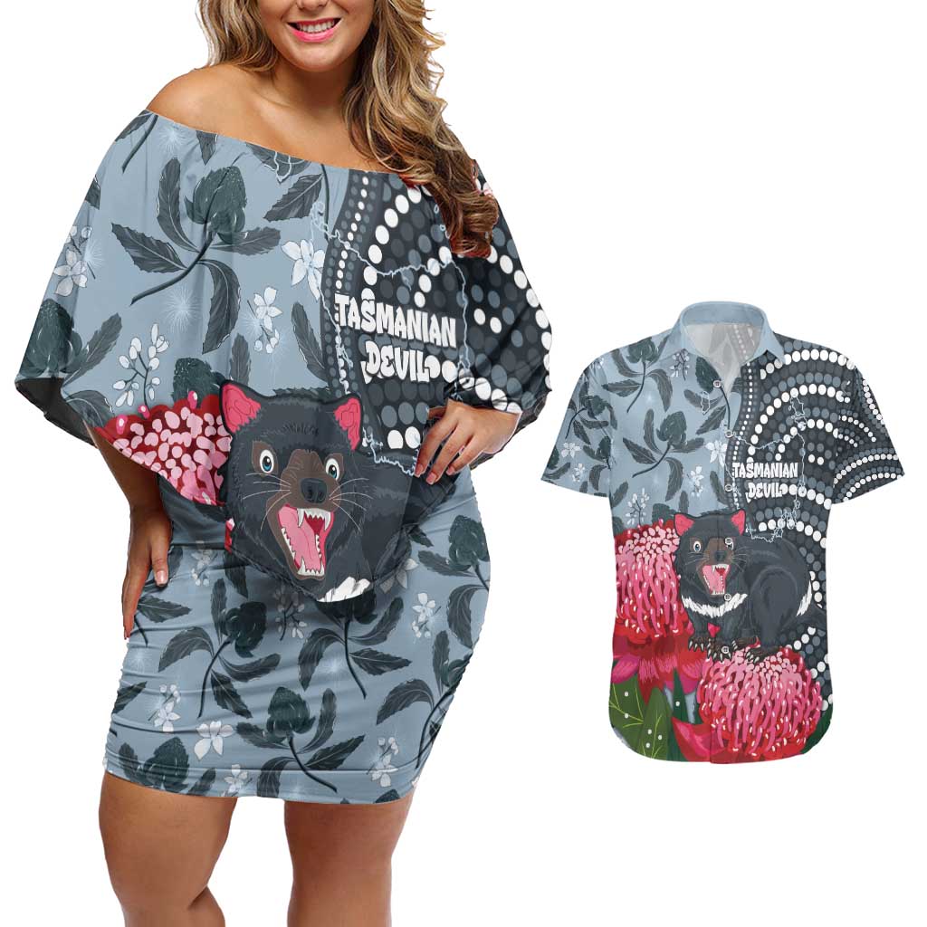 Personalised Tasmanian Devil Australia Couples Matching Off Shoulder Short Dress and Hawaiian Shirt Waratah Indigenous Art - Aussie Hoodie