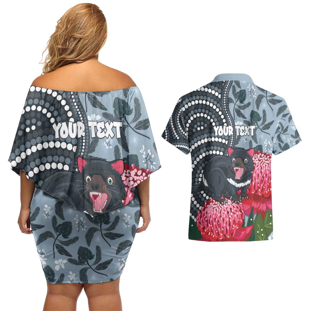 Personalised Tasmanian Devil Australia Couples Matching Off Shoulder Short Dress and Hawaiian Shirt Waratah Indigenous Art - Aussie Hoodie