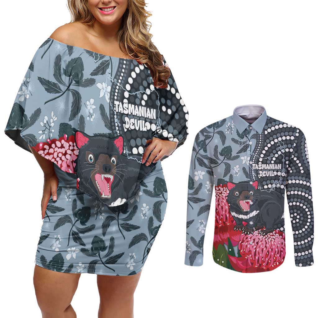 Personalised Tasmanian Devil Australia Couples Matching Off Shoulder Short Dress and Long Sleeve Button Shirt Waratah Indigenous Art - Aussie Hoodie