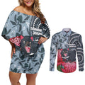 Personalised Tasmanian Devil Australia Couples Matching Off Shoulder Short Dress and Long Sleeve Button Shirt Waratah Indigenous Art - Aussie Hoodie