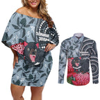 Personalised Tasmanian Devil Australia Couples Matching Off Shoulder Short Dress and Long Sleeve Button Shirt Waratah Indigenous Art - Aussie Hoodie