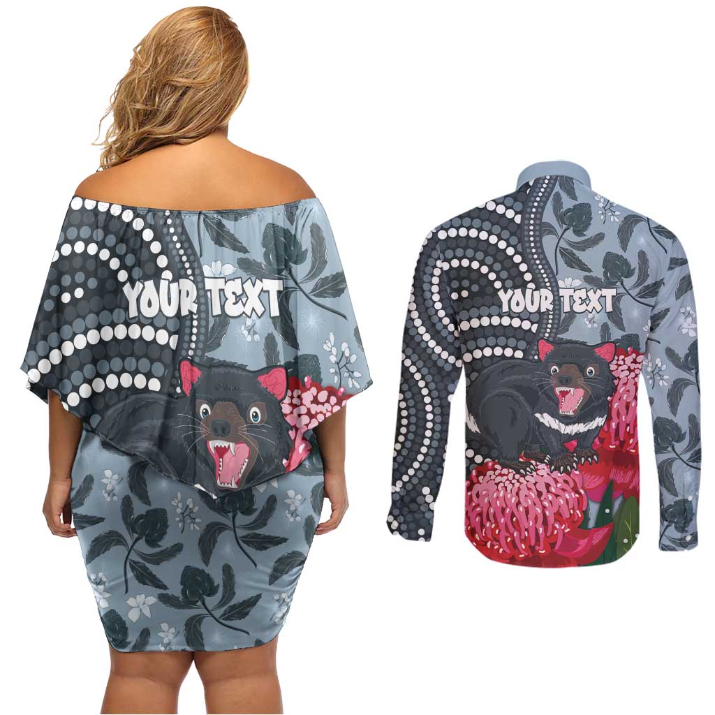 Personalised Tasmanian Devil Australia Couples Matching Off Shoulder Short Dress and Long Sleeve Button Shirt Waratah Indigenous Art - Aussie Hoodie