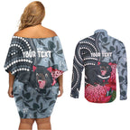 Personalised Tasmanian Devil Australia Couples Matching Off Shoulder Short Dress and Long Sleeve Button Shirt Waratah Indigenous Art - Aussie Hoodie