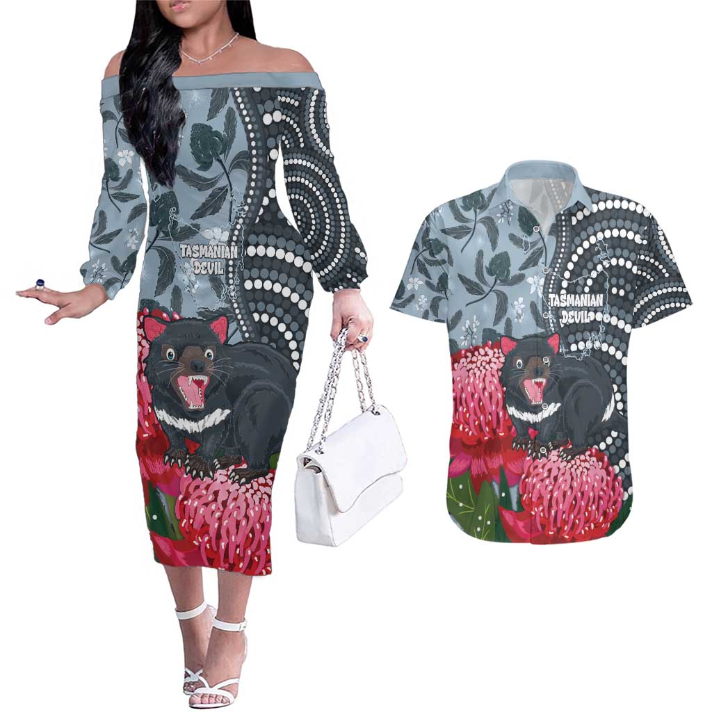 Personalised Tasmanian Devil Australia Couples Matching Off The Shoulder Long Sleeve Dress and Hawaiian Shirt Waratah Indigenous Art - Aussie Hoodie
