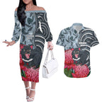 Personalised Tasmanian Devil Australia Couples Matching Off The Shoulder Long Sleeve Dress and Hawaiian Shirt Waratah Indigenous Art - Aussie Hoodie