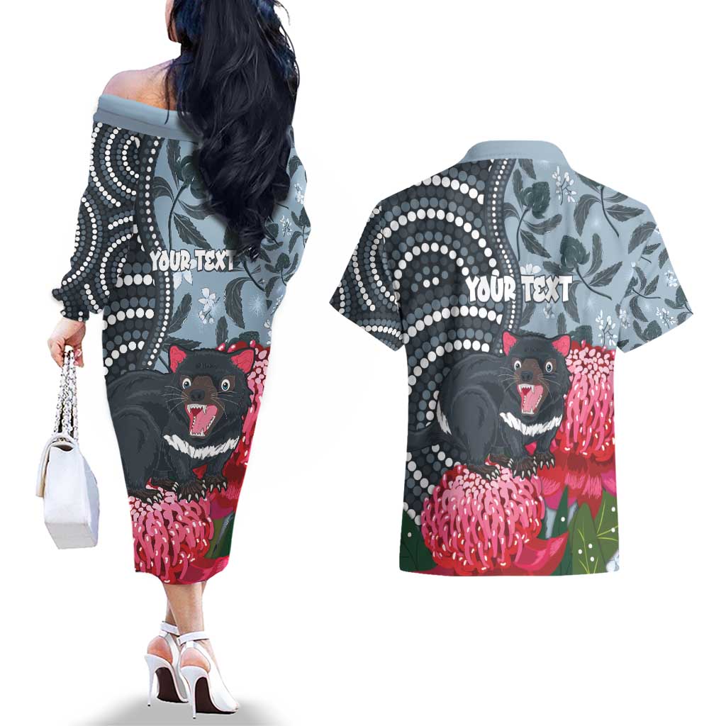 Personalised Tasmanian Devil Australia Couples Matching Off The Shoulder Long Sleeve Dress and Hawaiian Shirt Waratah Indigenous Art - Aussie Hoodie