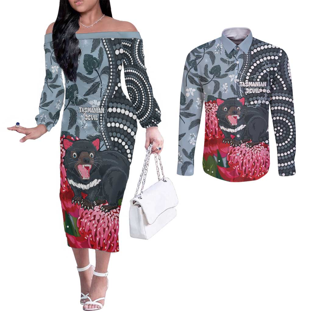 Personalised Tasmanian Devil Australia Couples Matching Off The Shoulder Long Sleeve Dress and Long Sleeve Button Shirt Waratah Indigenous Art - Aussie Hoodie