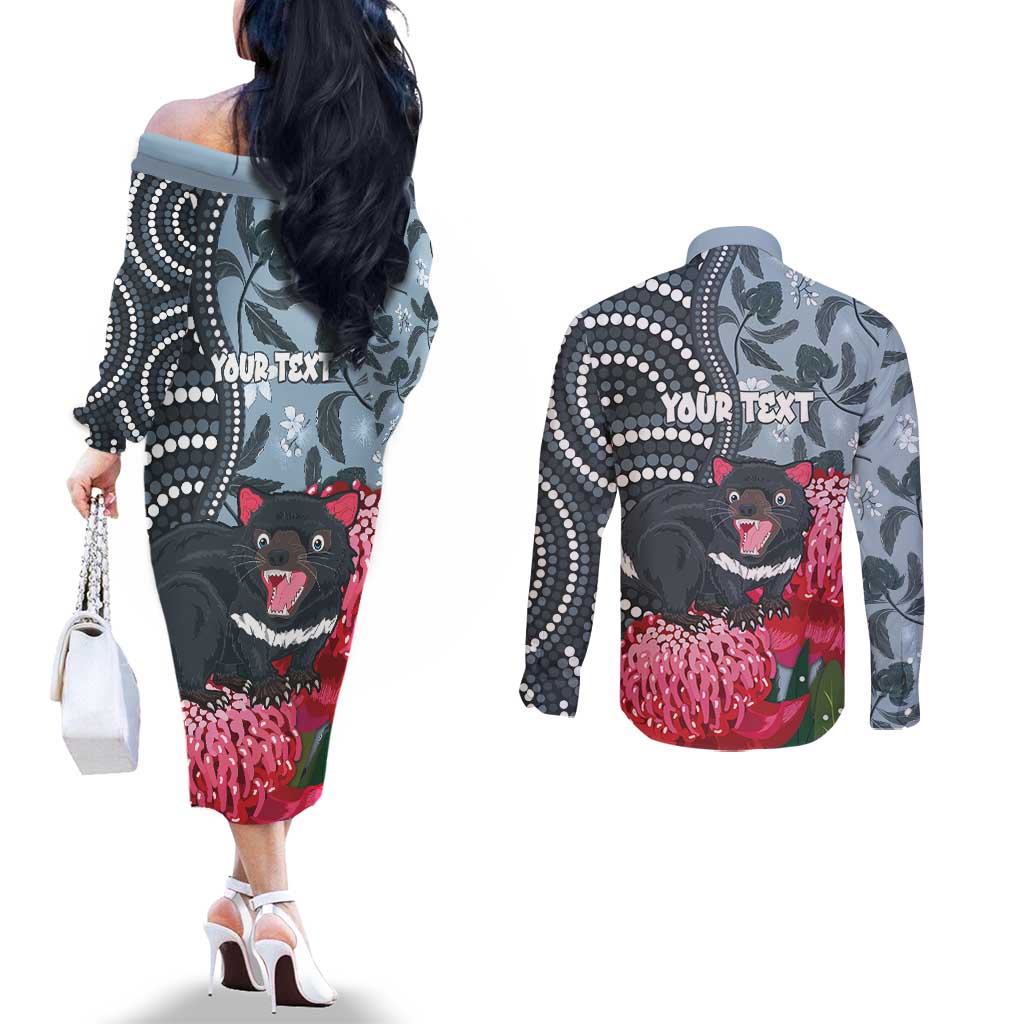 Personalised Tasmanian Devil Australia Couples Matching Off The Shoulder Long Sleeve Dress and Long Sleeve Button Shirt Waratah Indigenous Art - Aussie Hoodie