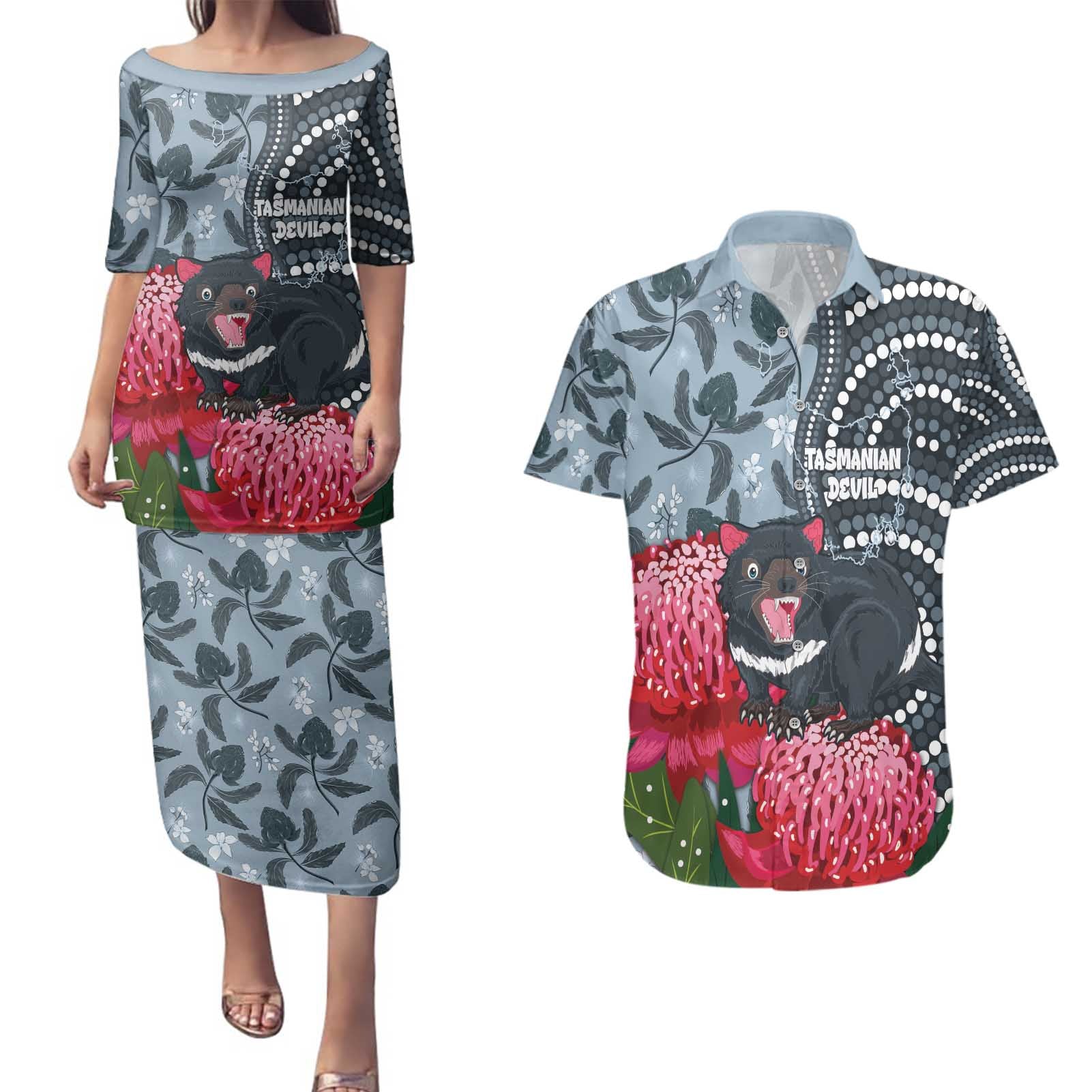 Personalised Tasmanian Devil Australia Couples Matching Puletasi and Hawaiian Shirt Waratah Indigenous Art - Aussie Hoodie