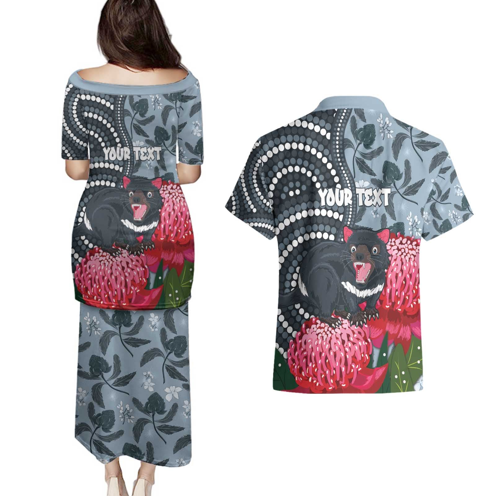 Personalised Tasmanian Devil Australia Couples Matching Puletasi and Hawaiian Shirt Waratah Indigenous Art - Aussie Hoodie