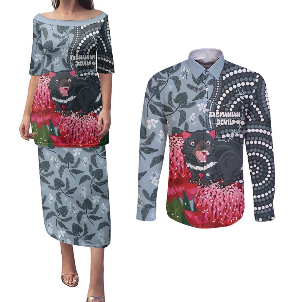 Personalised Tasmanian Devil Australia Couples Matching Puletasi and Long Sleeve Button Shirt Waratah Indigenous Art - Aussie Hoodie
