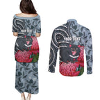 Personalised Tasmanian Devil Australia Couples Matching Puletasi and Long Sleeve Button Shirt Waratah Indigenous Art - Aussie Hoodie