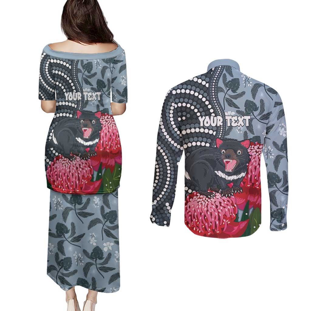 Personalised Tasmanian Devil Australia Couples Matching Puletasi and Long Sleeve Button Shirt Waratah Indigenous Art - Aussie Hoodie