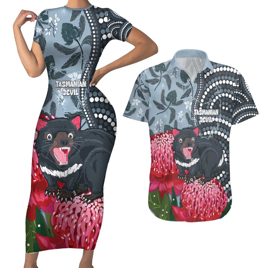 Personalised Tasmanian Devil Australia Couples Matching Short Sleeve Bodycon Dress and Hawaiian Shirt Waratah Indigenous Art - Aussie Hoodie